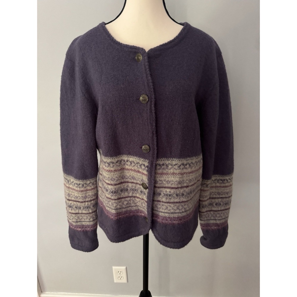 Vintage Tally-Ho Wool Cardigan Sweater L Purple Fair Isle Nordic Cottagecore